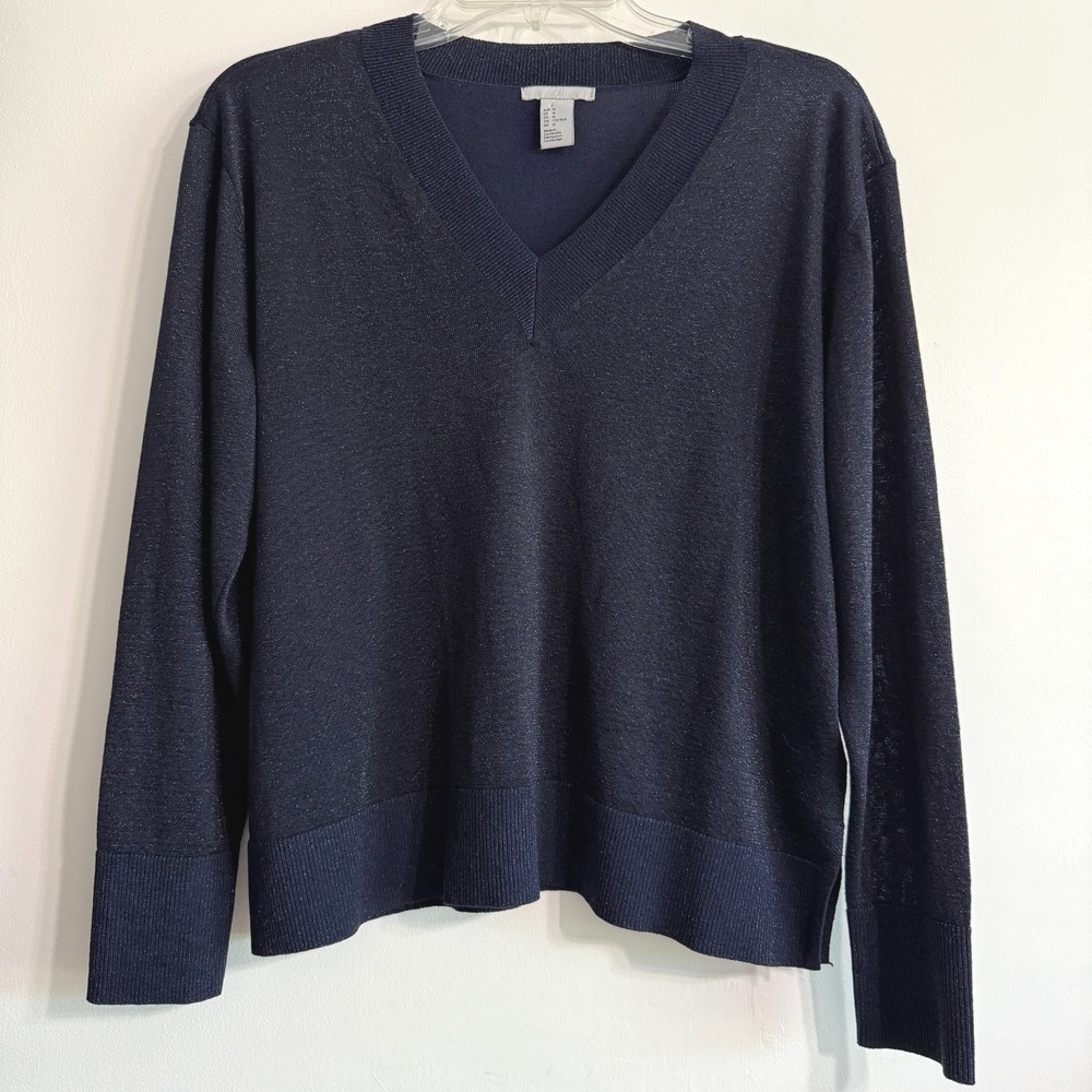 H&M Shimmer V-Neck Sweater Womens Size M Navy Blue Metallic Sparkle Knit Party